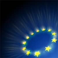European Union stars glare on dark blue background.